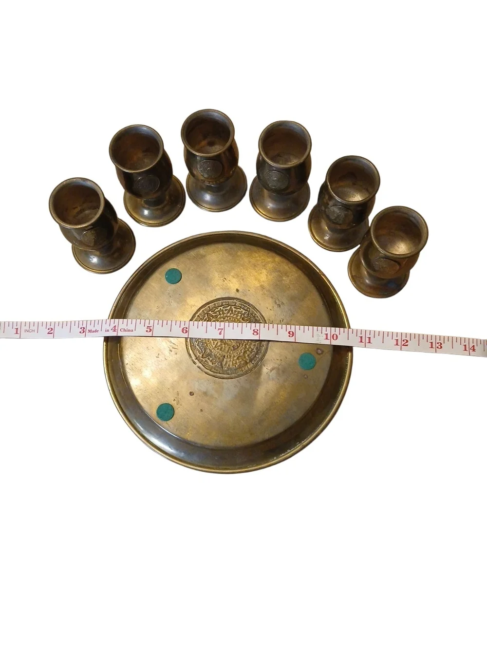 Vintage Brass Aztec Calender Imbossed 6 Goblets/Matching‎ Tray Set